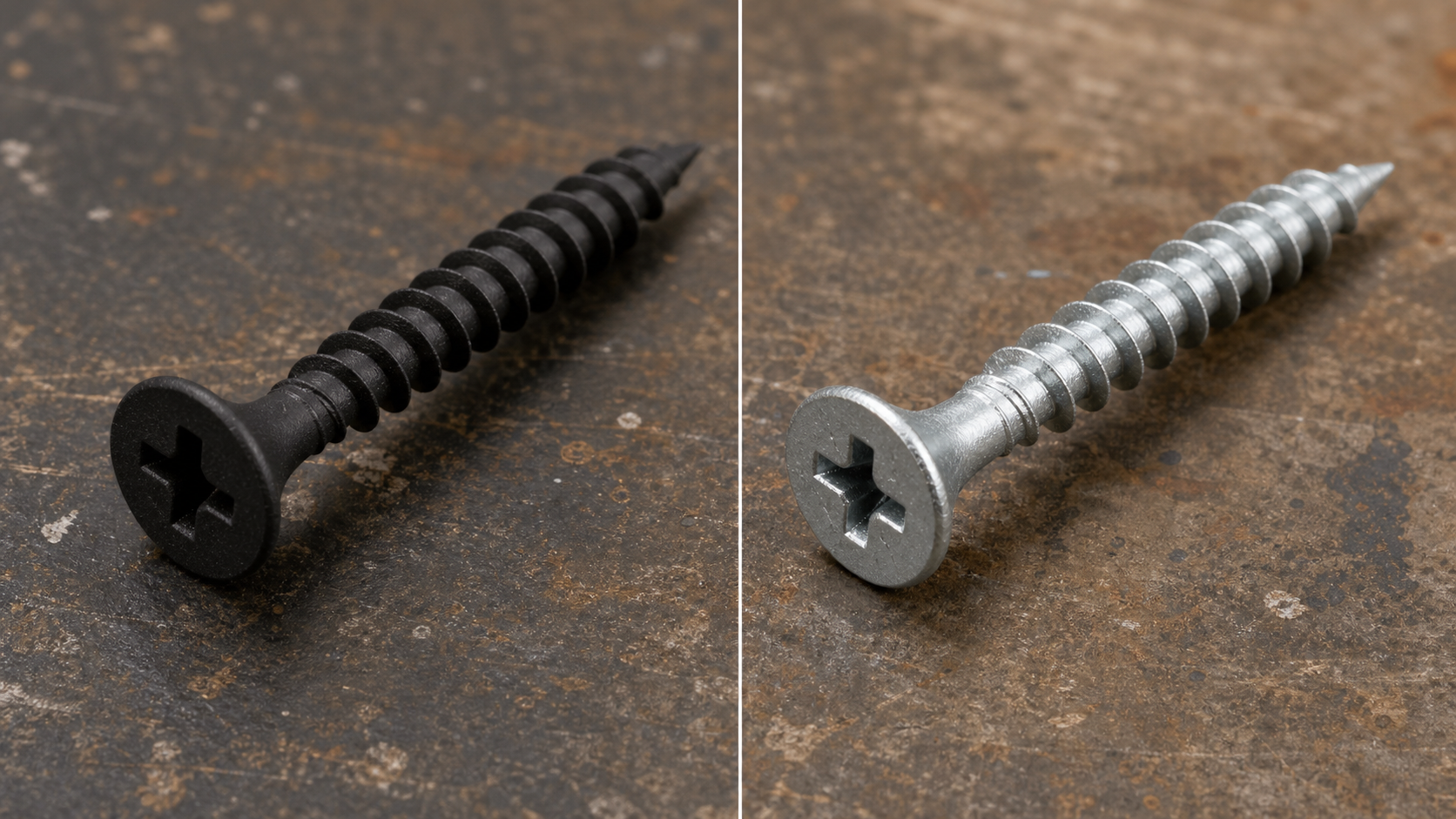 Side-by-side comparison of a matte black phosphate drywall screw and a bright silver galvanized drywall screw, both with bugl