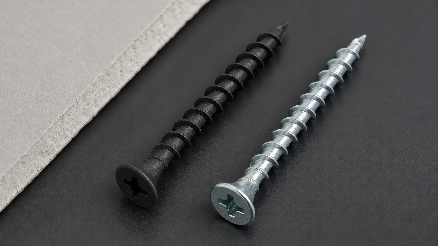 Macro texture comparison of black phosphate coating versus galvanized zinc coating on drywall screw surfaces.
