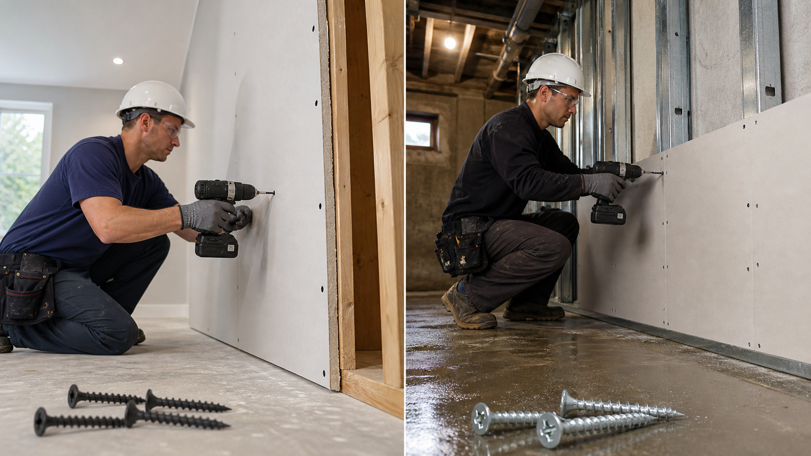 Two construction scenes: interior drywall installation with black phosphate screws in a dry room, and basement drywall instal