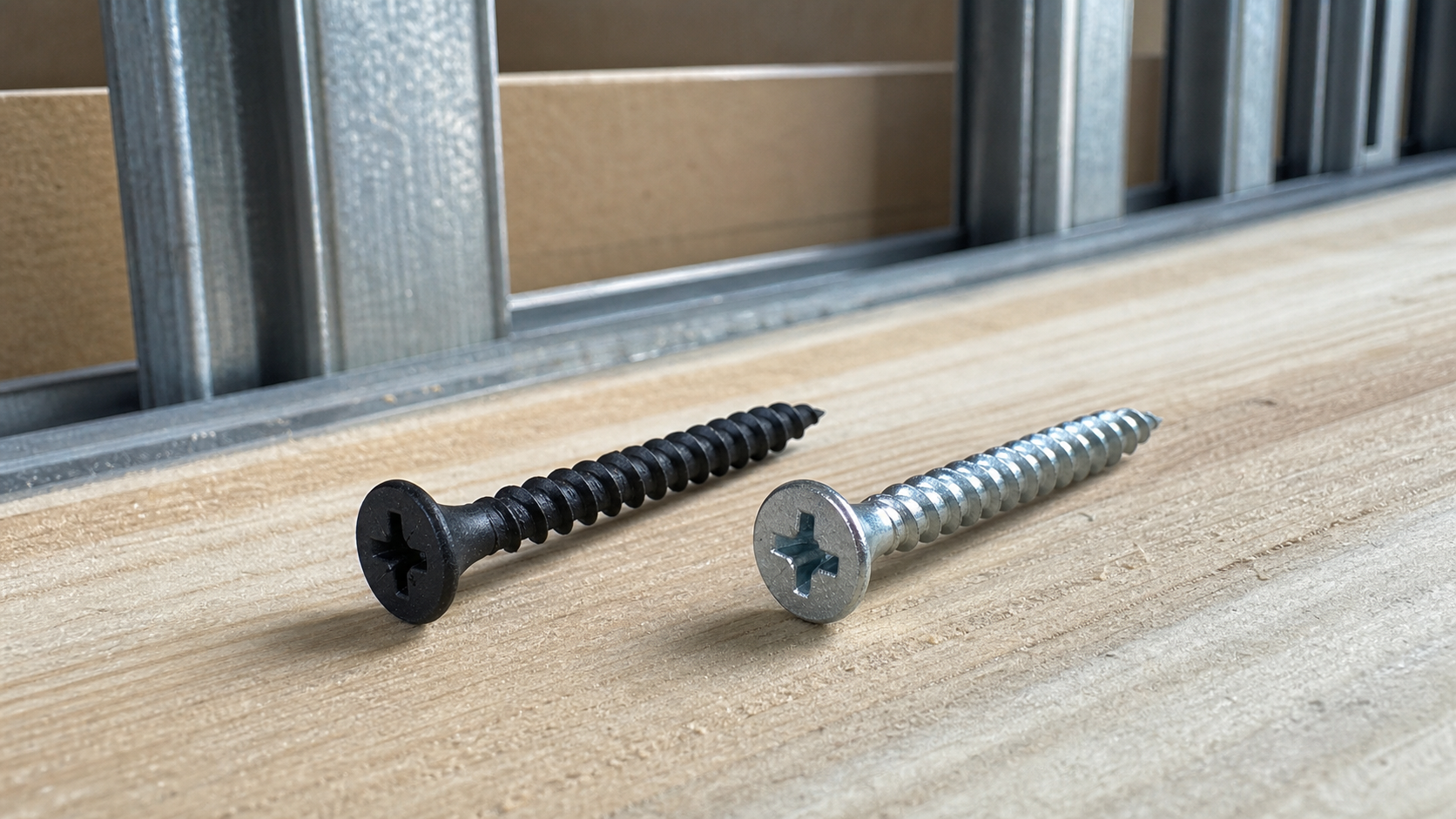 Two drywall screws on wood: left with matte black phosphate finish, right with bright silver galvanized finish, both showing