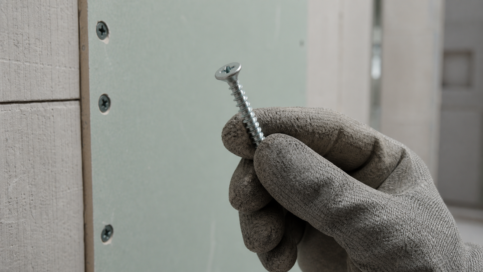 Hand holding a galvanized drywall screw near a gypsum board wall in a high-humidity interior construction setting, showing th