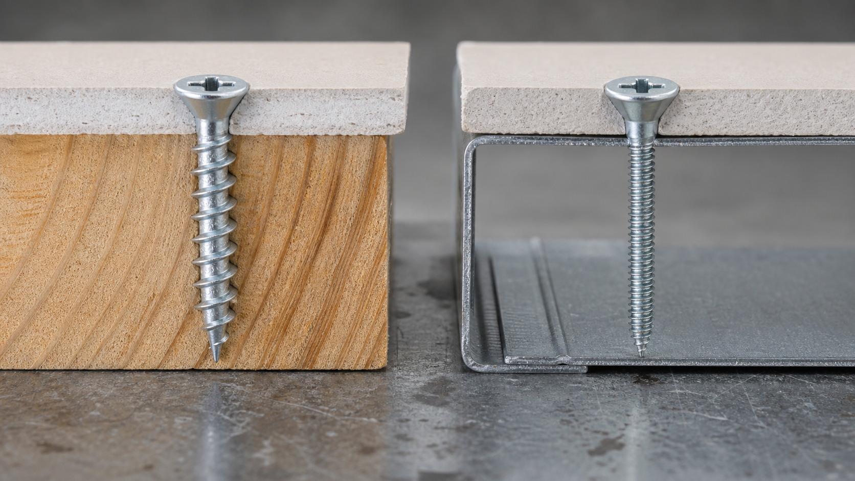 Split comparison of coarse-thread drywall screw in wood framing versus fine-thread drywall screw in metal stud framing