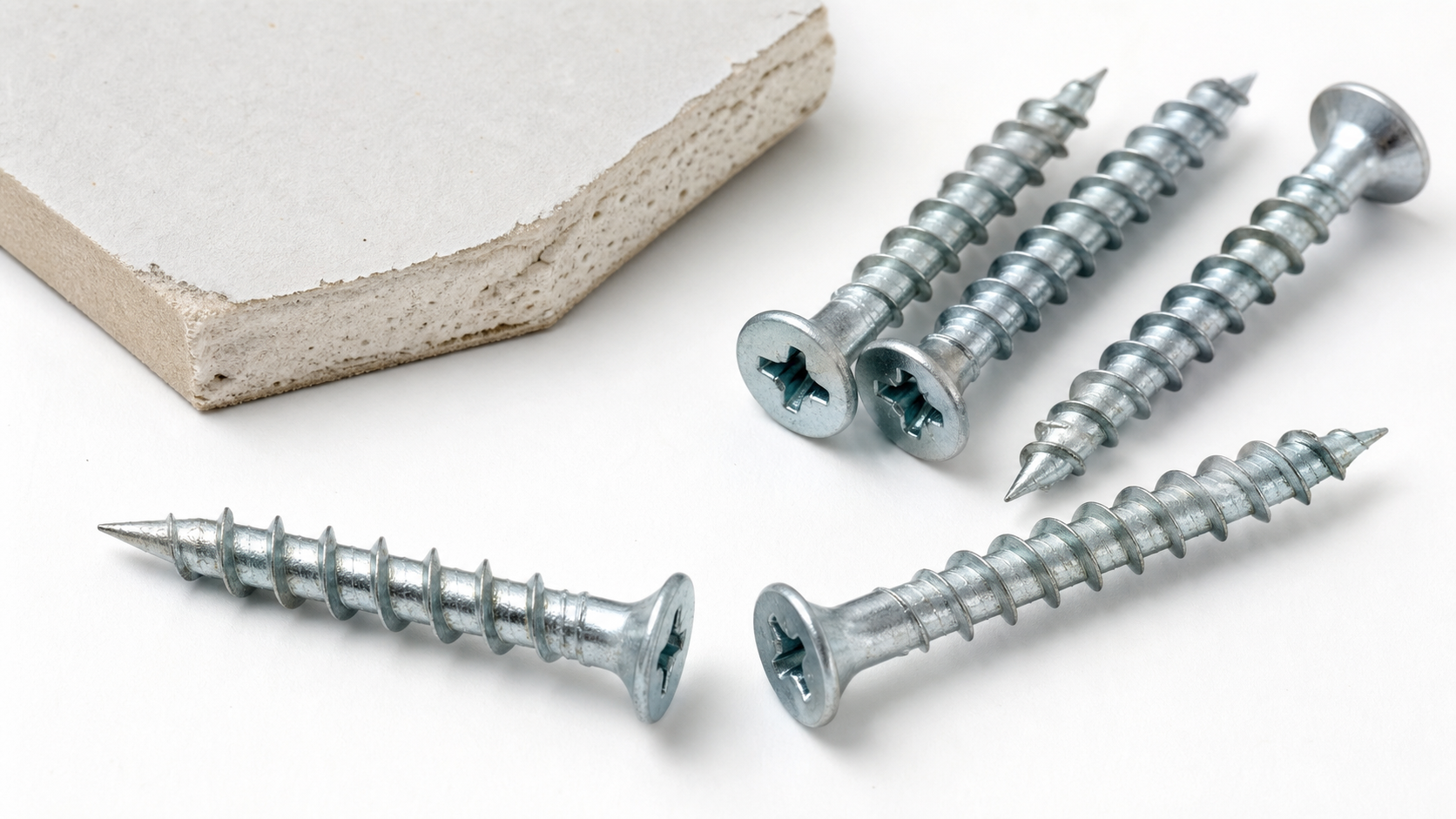 Macro detail of coarse-thread drywall screw showing deep sharp threads and needle-point tip with black phosphate finish