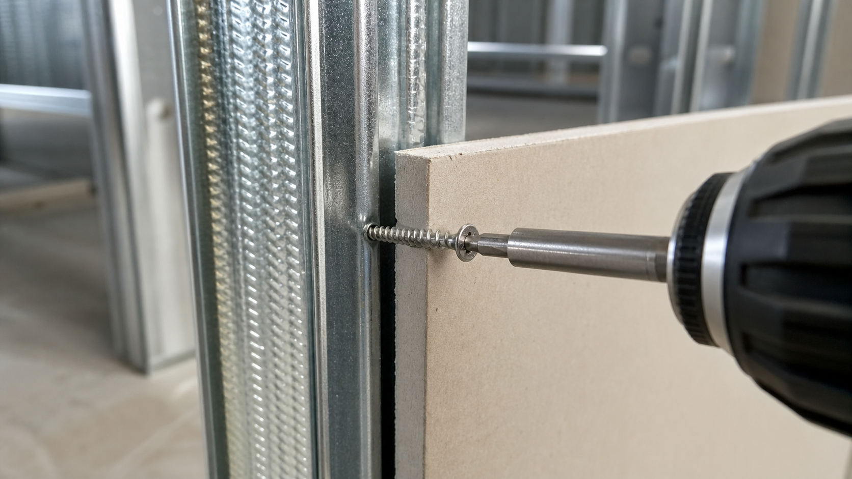 Macro detail of fine-thread drywall screw showing shallow closely spaced threads and needle-point tip with galvanized finish