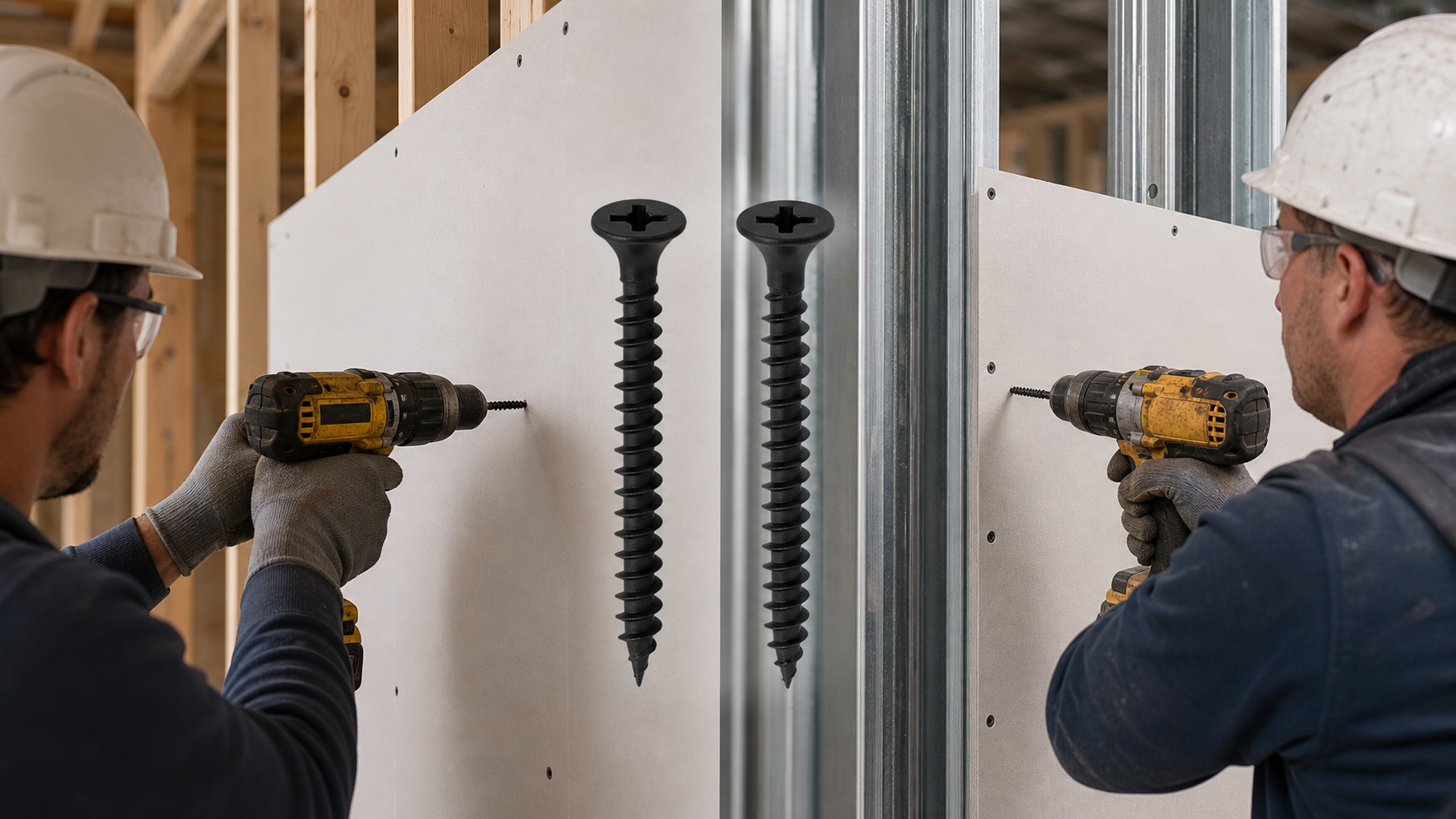 Construction workers installing drywall with coarse-thread screws into wood studs and fine-thread screws into metal studs