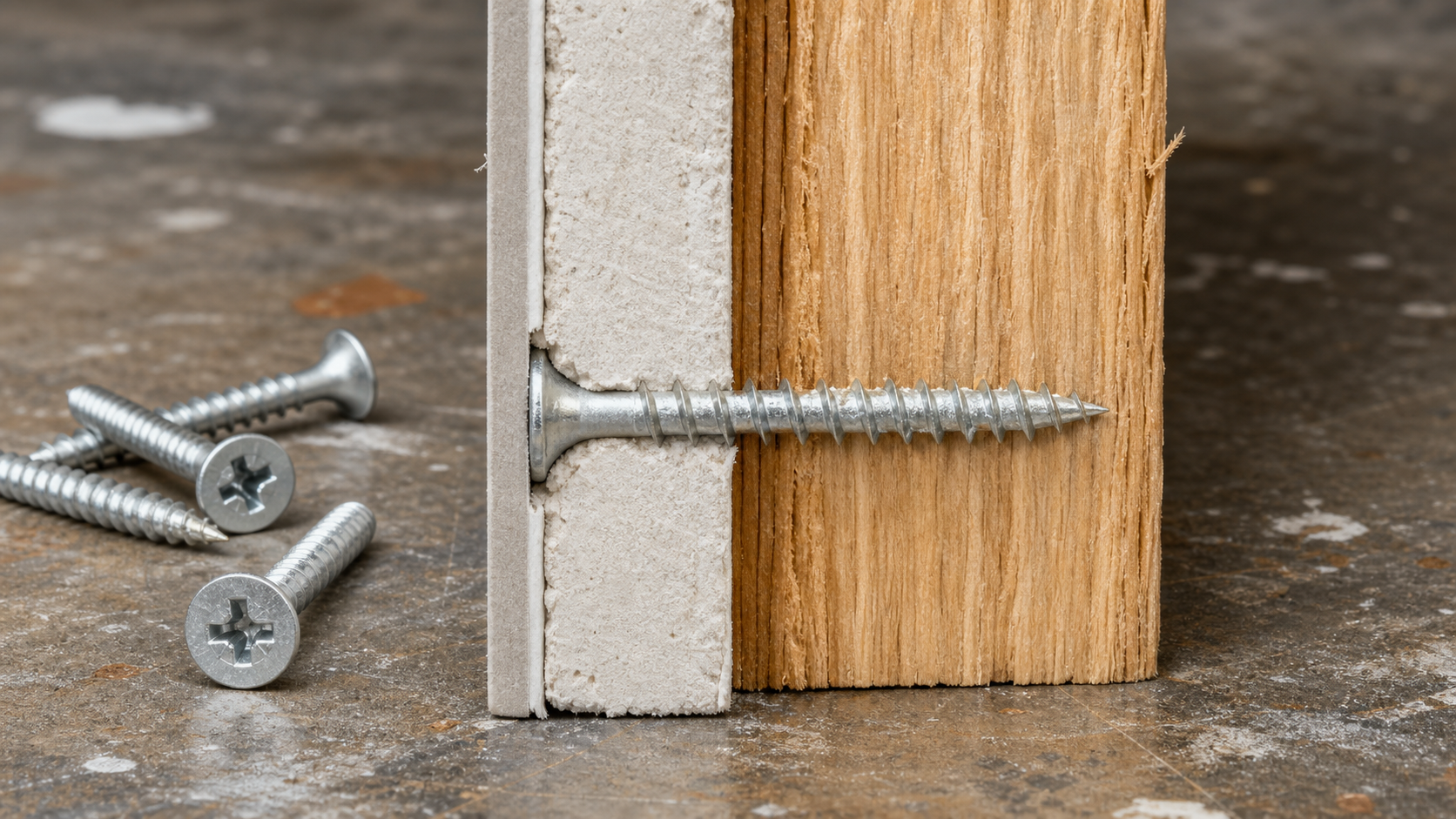 Cross-section diagram showing correct drywall screw placement with bugle head slightly below gypsum board surface, threads fu