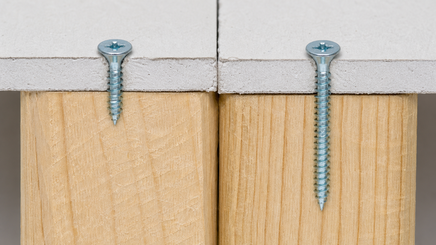 Macro comparison of too-short drywall screw with inadequate thread engagement versus correct-length screw with full thread en