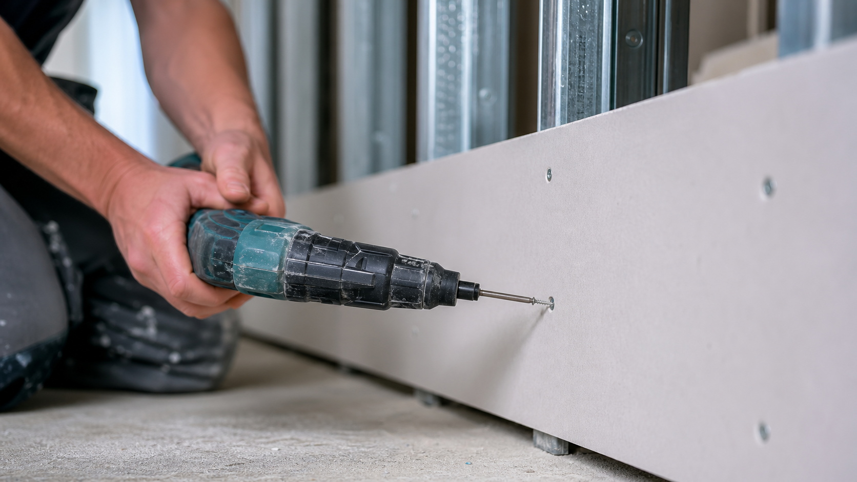 Hand driving a FactoryNail drywall screw with a screw gun; bugle head is correctly countersunk below gypsum board surface wit