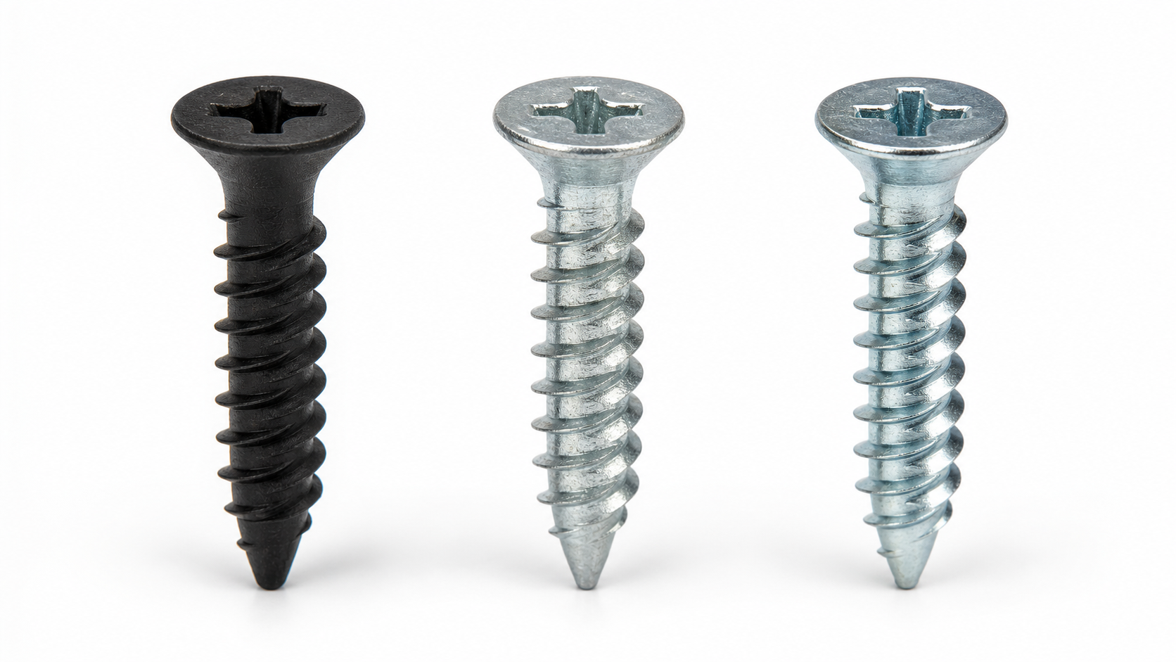 Comparison of three FactoryNail drywall screw finishes: matte black phosphate, silver galvanized zinc, and bright electro-zin