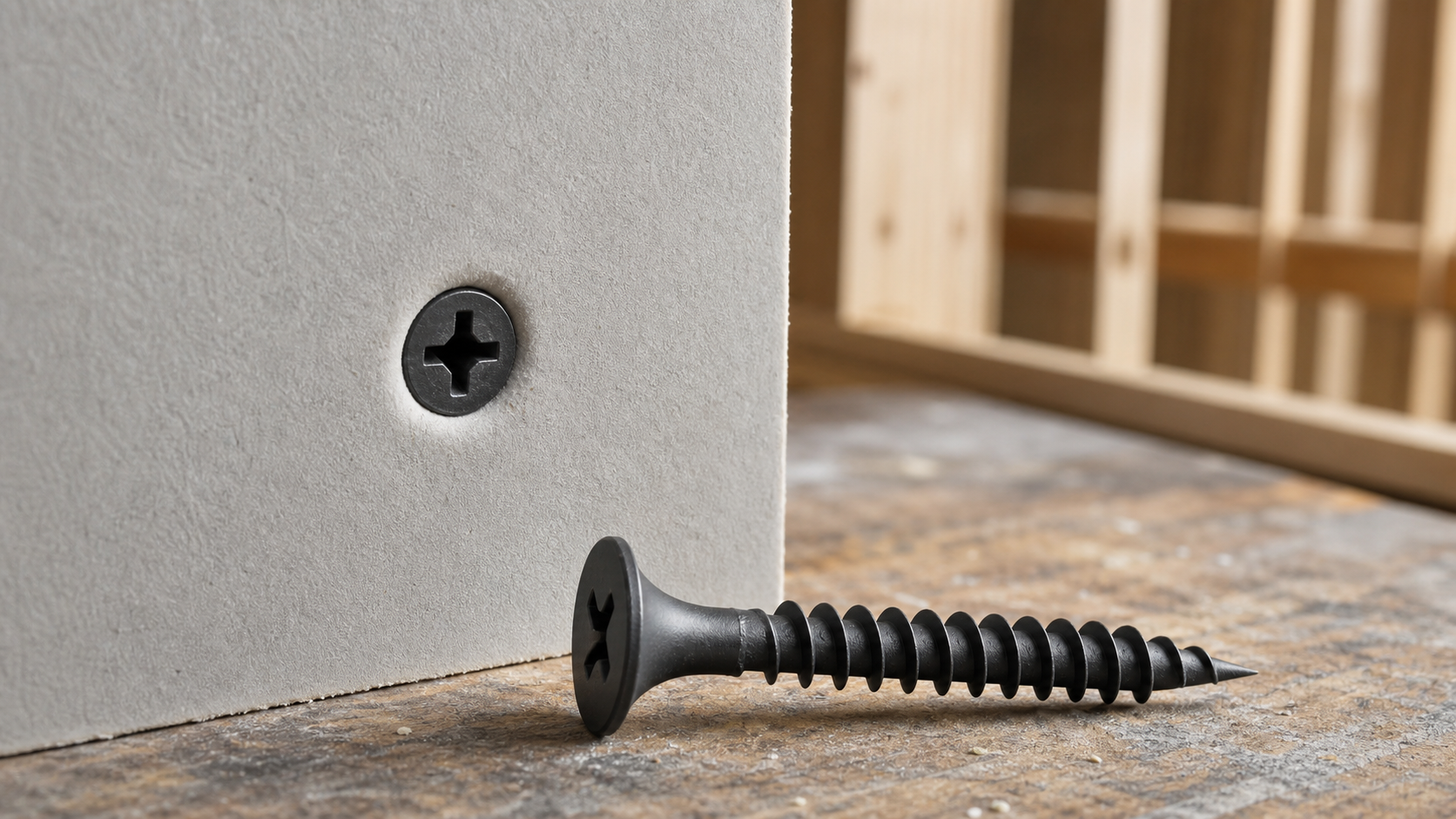 Macro close-up of a black phosphate drywall screw with bugle head and Phillips drive recess, embedded in gypsum board on wood