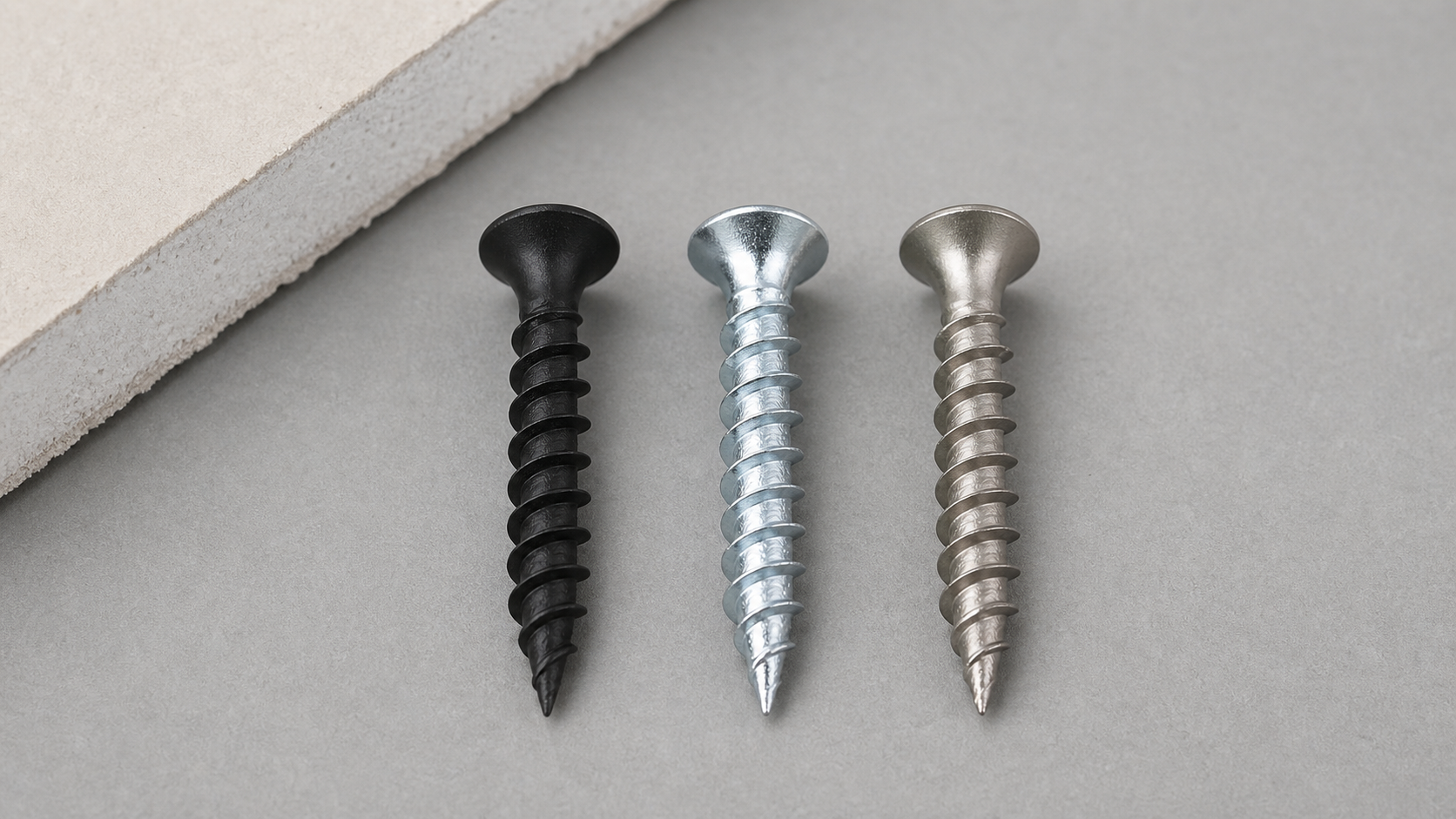 Comparison of three drywall screw finishes: matte black phosphate, bright silver galvanized zinc, and natural stainless-steel