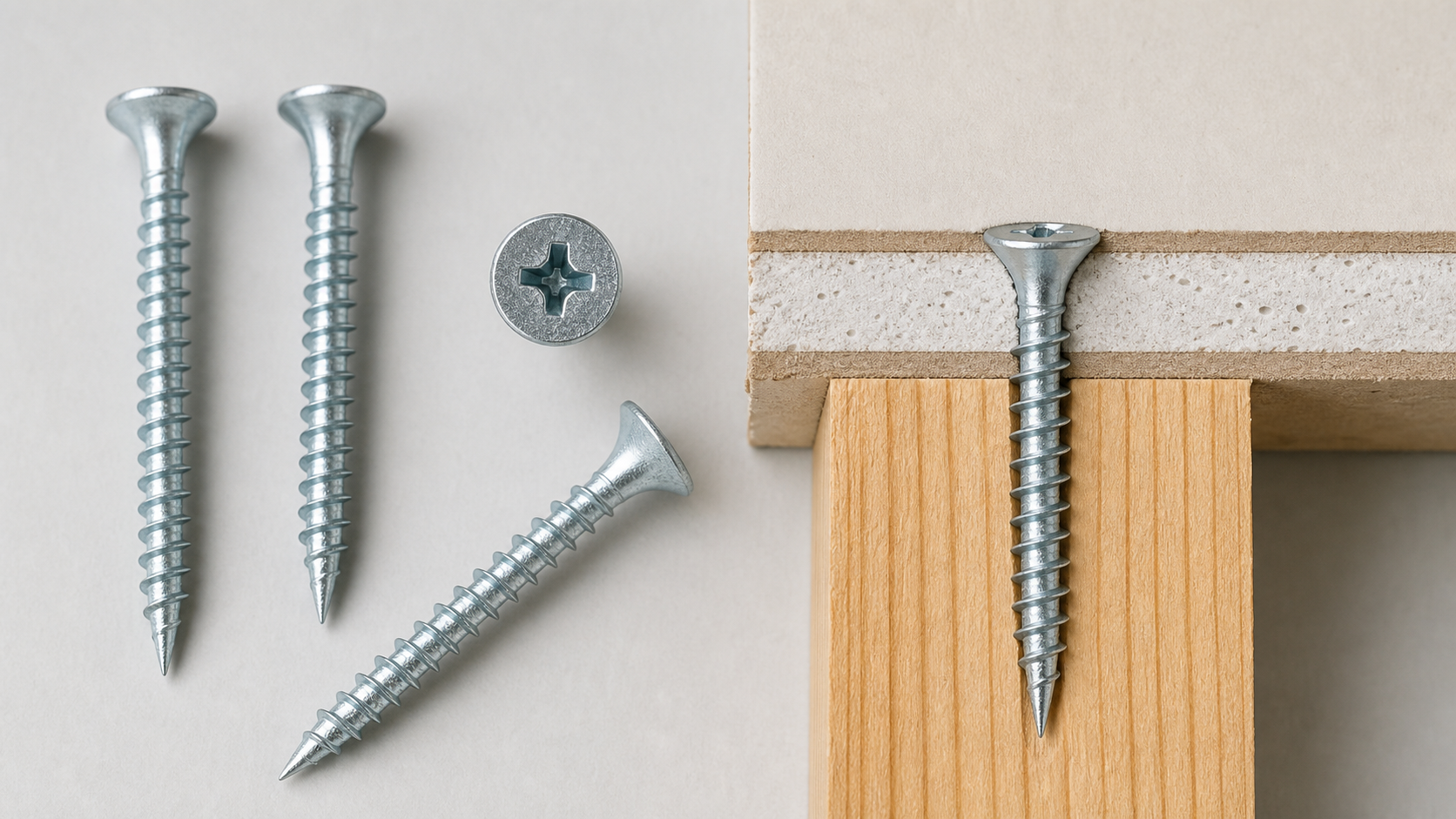 Cross-section diagram of a drywall screw with bugle head countersunk into gypsum board and wood stud, showing Phillips drive