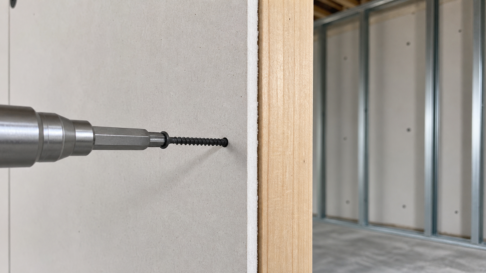 Drywall screw with black phosphate finish being driven into gypsum board on a wooden stud, showing proper countersinking with