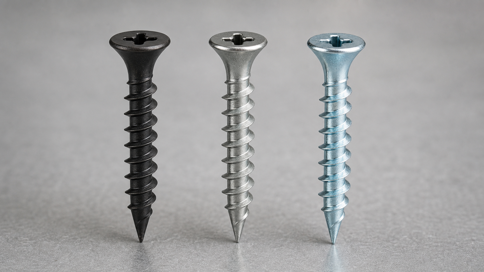 Side-by-side comparison of three drywall screws: black phosphate, galvanized zinc, and bright electro-zinc plated finishes.