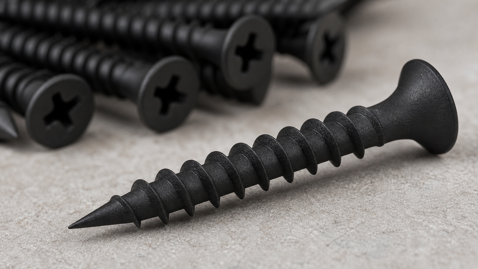 Macro close-up of a drywall screw tip showing sharp needle-point and deep coarse thread profile on black phosphate finish.