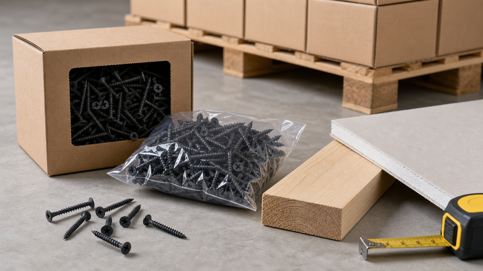 Flat lay of drywall screws in bulk packaging including carton, bag, and pallet, alongside gypsum board and wood stud for refe