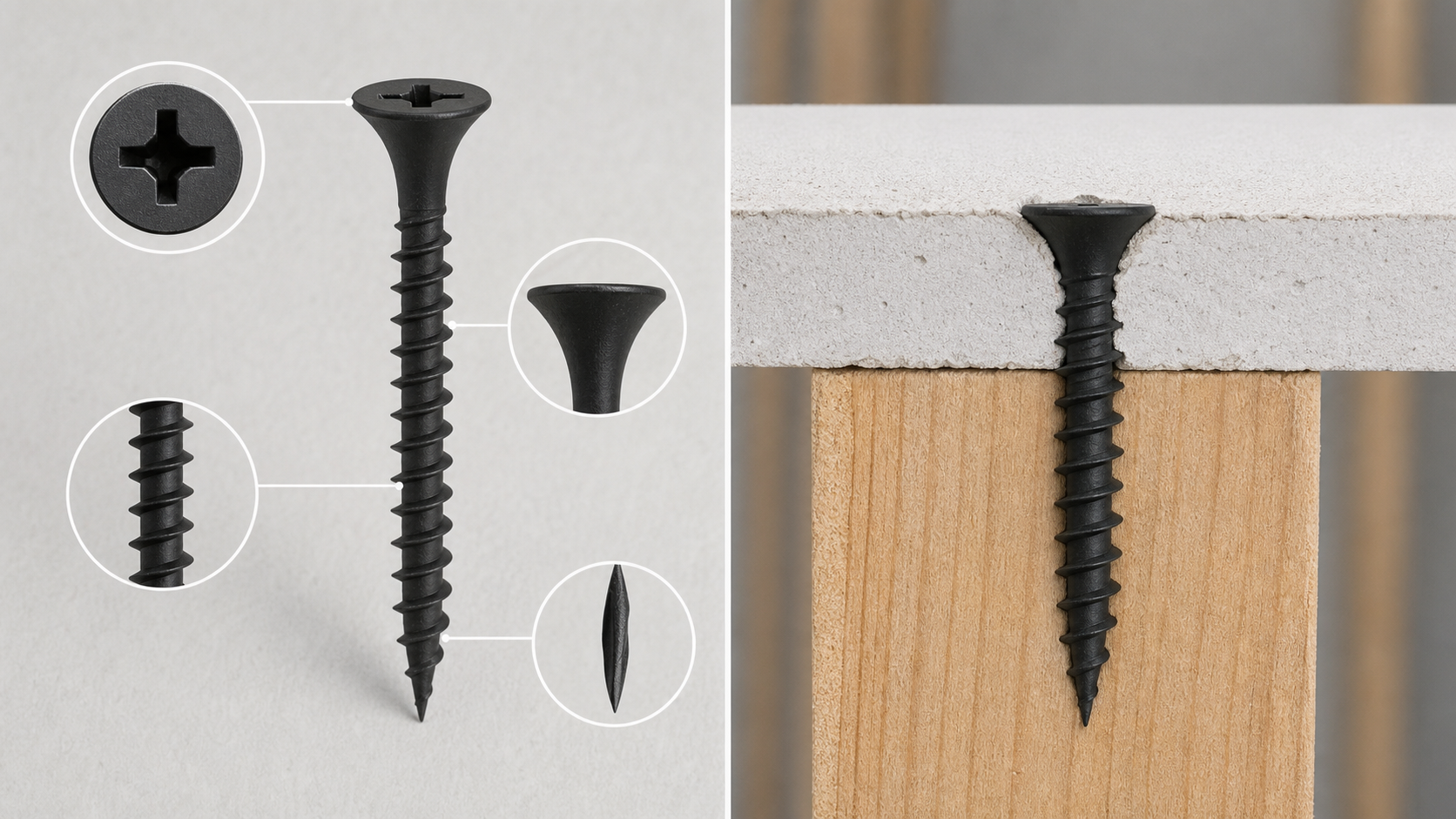 Technical illustration of a drywall screw anatomy on the left, and a cross-section of the screw installed in gypsum board and
