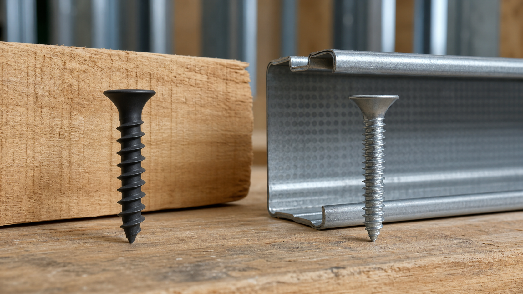 Comparison of a black phosphate coarse-thread drywall screw next to a wood stud, and a silver galvanized fine-thread drywall