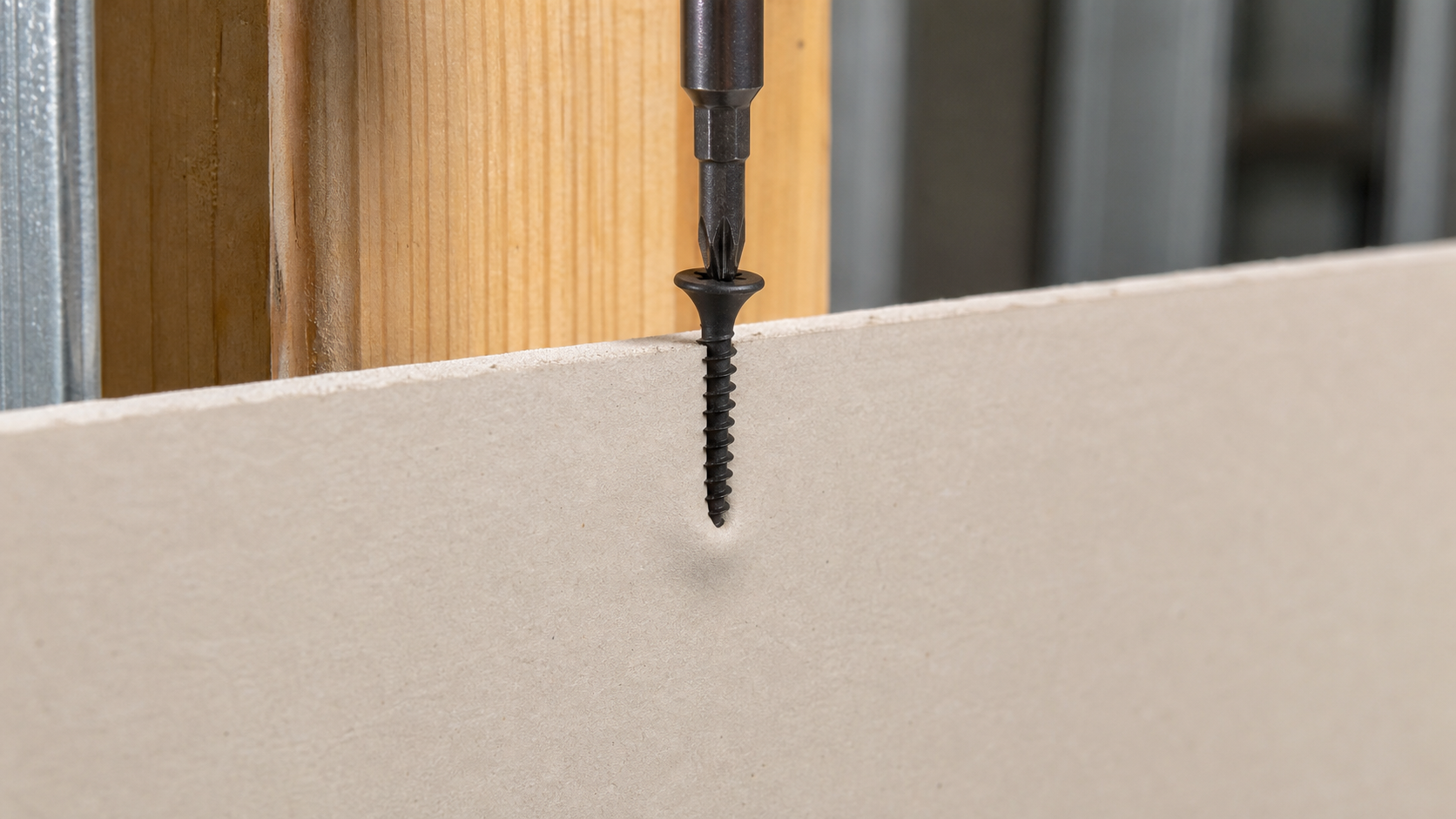 Close-up of a black phosphate drywall screw being driven into gypsum board on a wood stud, showing a clean dimple.