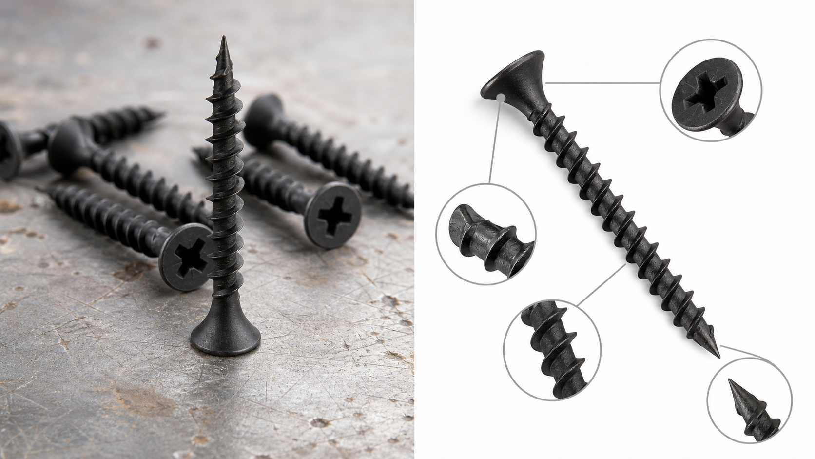 Technical diagram of a drywall screw showing bugle head, Phillips drive, deep coarse threads, and needle-point tip with matte