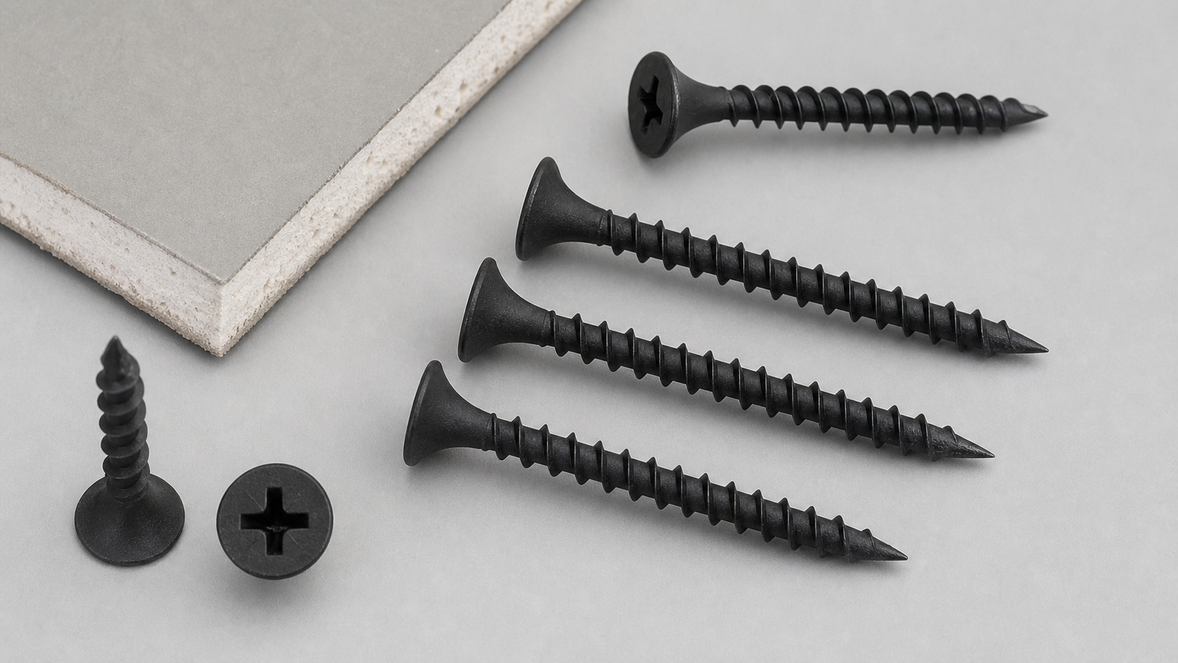 Macro close-up of drywall screw bugle head with Phillips drive recess and matte black phosphate finish.