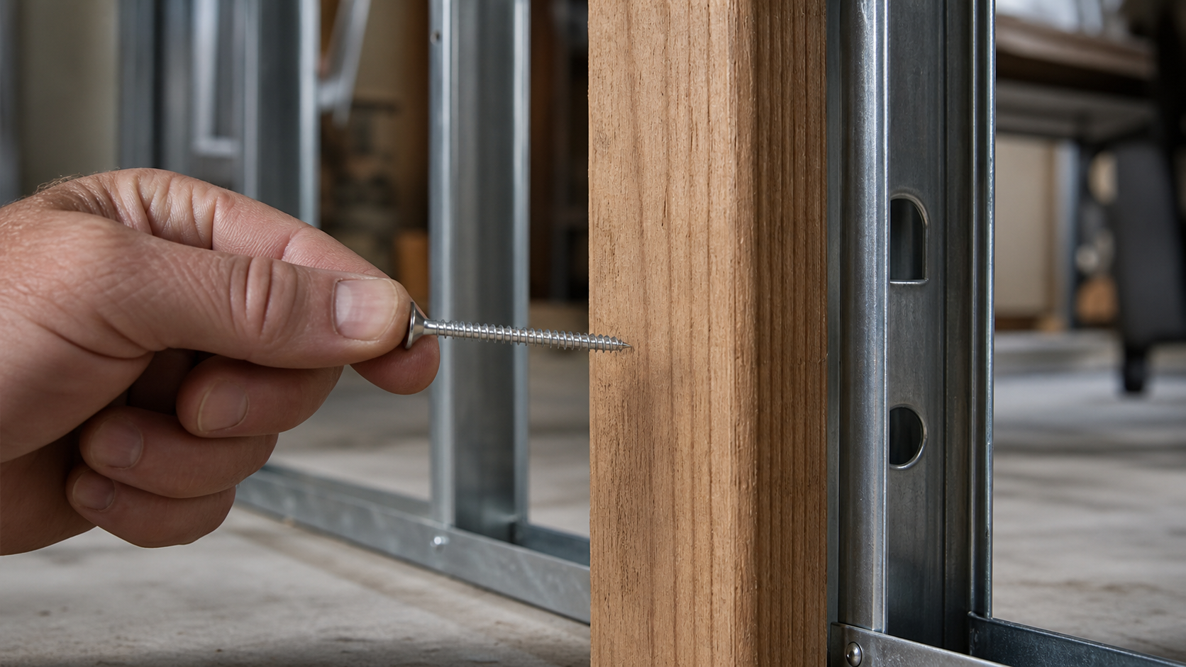 Contractor holding a galvanized coarse-thread drywall screw next to a wooden stud for substrate comparison.