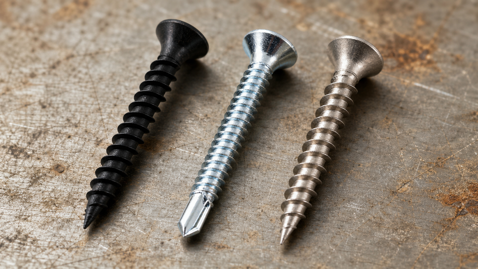 Three drywall screws with different finishes: black phosphate with coarse threads, galvanized zinc with fine threads, and sta