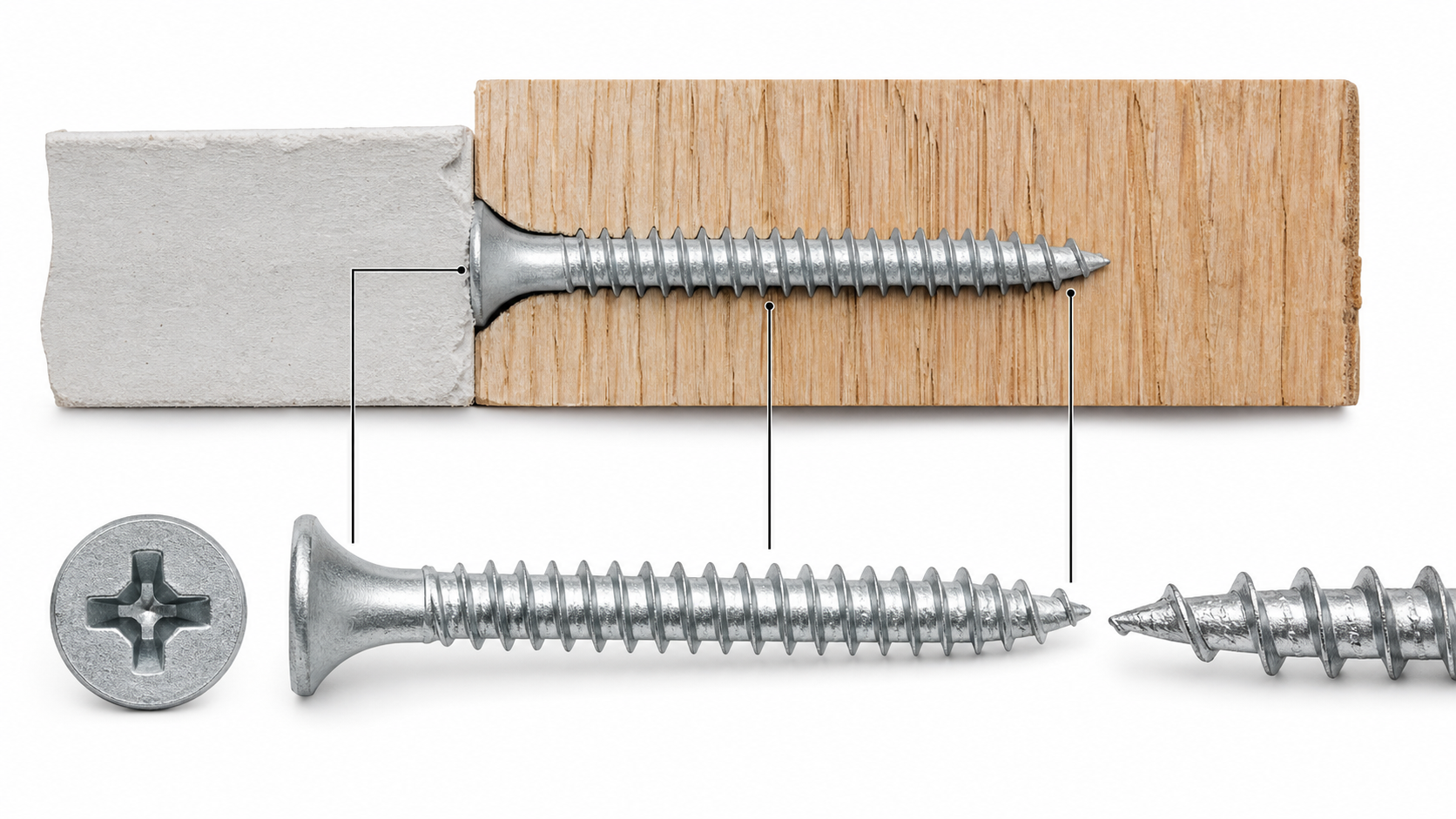 Cross-section diagram of a drywall screw with bugle head, Phillips drive, deep coarse threads, and needle-point tip embedded