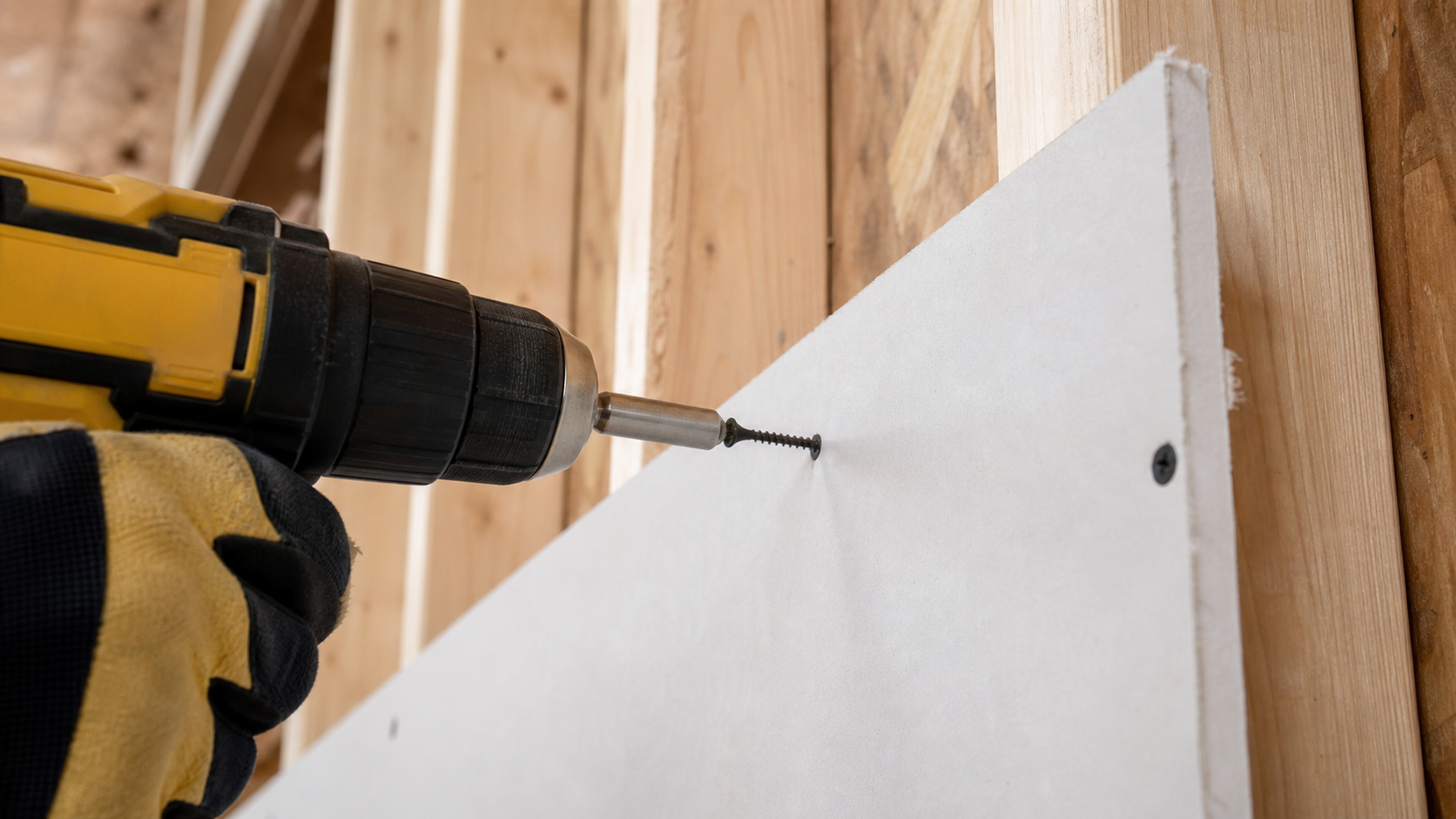 Worker installing drywall on wood studs using a power drill to drive a black phosphate coarse-thread drywall screw.